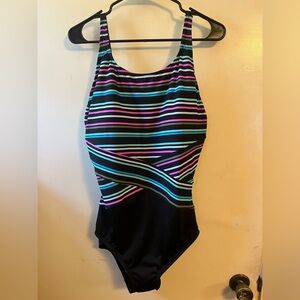 Gabar 18C Black Striped Women’s One-Piece Swimsuit with Pink & Blue Accents 🩷🩵